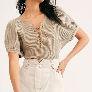 Free People One Hayden Thermal Puff Sleeve Lace Front blouse